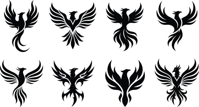 Black and white silhouette phoenix birds vector graphics set for design projects