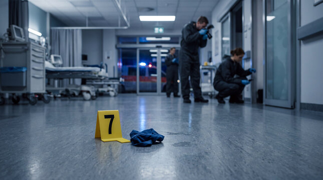 Forensic investigators examining evidence at a crime scene in a hospital corridor