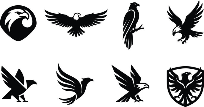 Set of black and white eagle logo vector illustrations featuring various poses and styles
