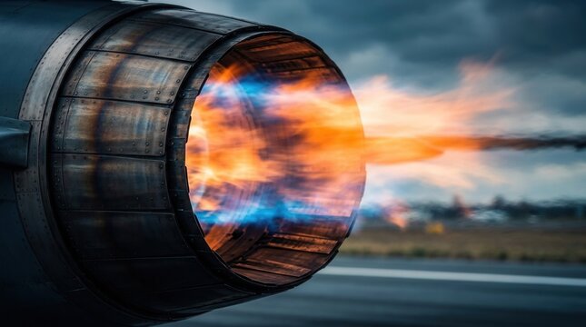 Powerful aircraft jet engine afterburner producing bright flame on the runway.