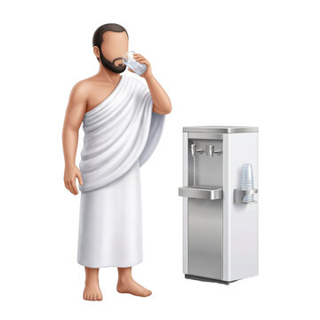 Hajj pilgrim drinking from a water cooler 3d render isolated on transparent background