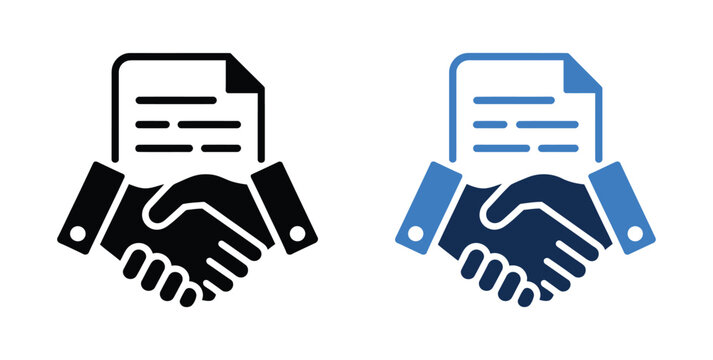 Business agreement icon with handshake and document, contract signing, partnership, deal approval, business collaboration, legal agreement, negotiation, contract, cooperation, deal, vector illustratio