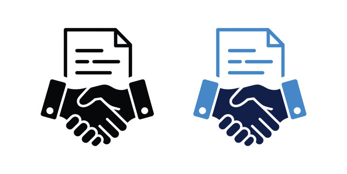 Business agreement icon with handshake and document, contract signing, partnership, deal approval, business collaboration, legal agreement, negotiation, contract, cooperation, deal, vector illustratio
