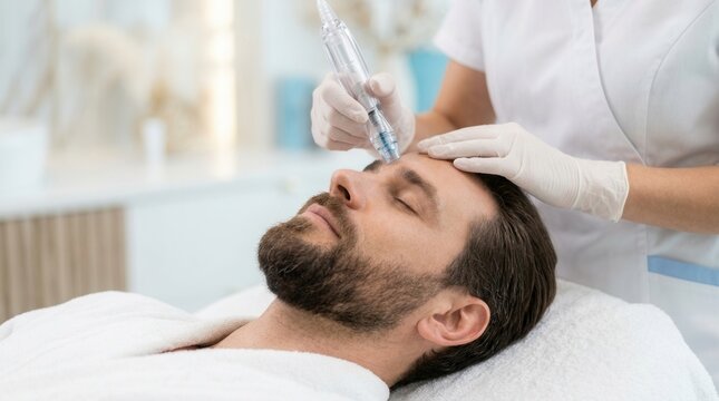 A relaxed man receiving a professional facial treatment at a skincare clinic.