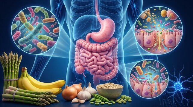 Human gut microbiota interacting with the digestive tract and healthy food