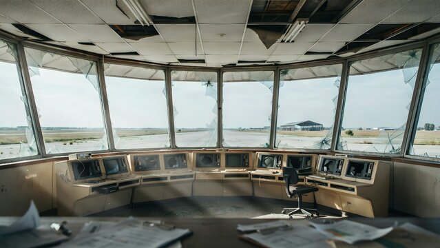 Modern Airport Air Traffic Control Tower with Large Windows and Electronic Equipment