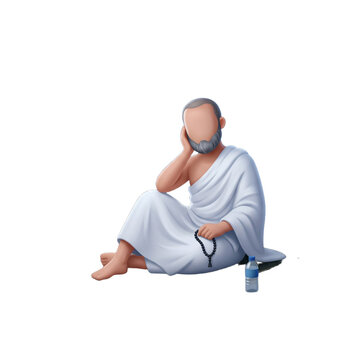 Hajj pilgrim in traditional ihram clothing seated with prayer beads digital illustration isolated on transparent background