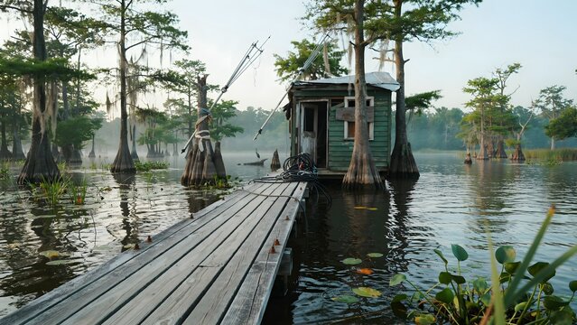 Remote wooden house on stilts in a flooded forest with a dock and water plants