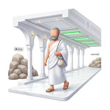 Hajj pilgrim walking near the Safa and Marwa stations isolated on transparent background