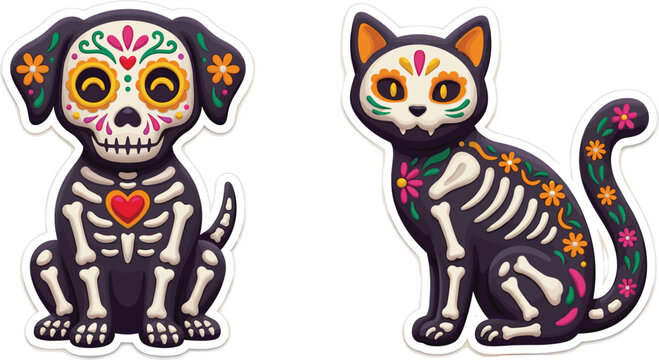 Cute Day of the Dead Dia de los Muertos Mexican festival sugar skull skeleton dog and cat vector sticker illustrations isolated on white background