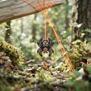 Beaded spider hanging from an orange string web above a mossy forest floor