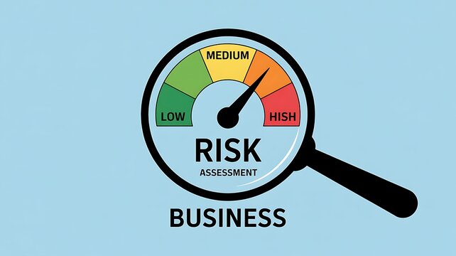 Business Risk Assessment and Management Concept. A magnifying glass highlighting a risk level gauge on a blue background, indicating low, medium, and high risk for business assessment purposes. 