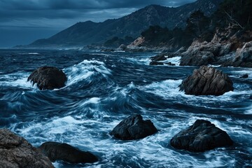 Fototapeta premium Rocky ocean coast with stormy dark waves and dramatic mountain view