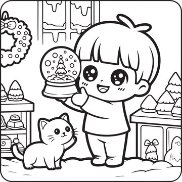 Kawaii Child Baking Christmas Cookies with Puppy, Black and White Line Art Coloring Page