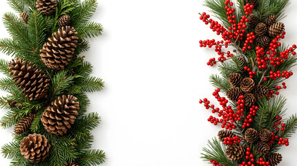 Fototapeta premium Festive christmas border with pine cones berries and evergreen branches on a white background