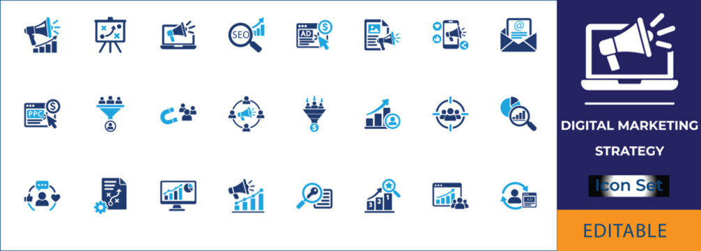 Digital marketing strategy icon set. Featuring seo optimization, sales funnel, ppc advertising, and target audience. Vector icons for corporate reports, pitch decks, and dashboard ui.