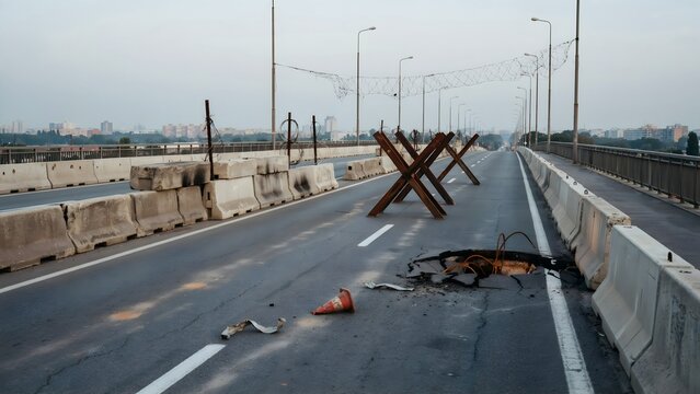 Damaged city highway with debris and barricades during daytime