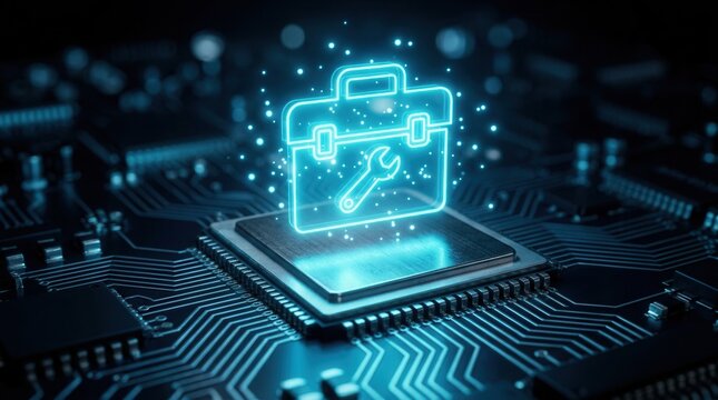 A digital toolbox hologram floating above a microchip for cyber repair and maintenance.
