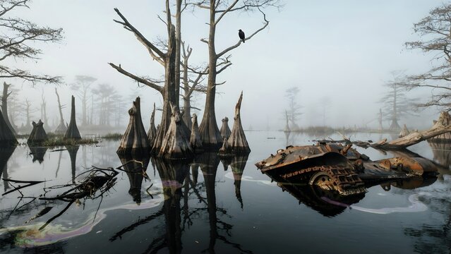 Misty swamp scene with dead trees and bird perched on a branch during foggy morning
