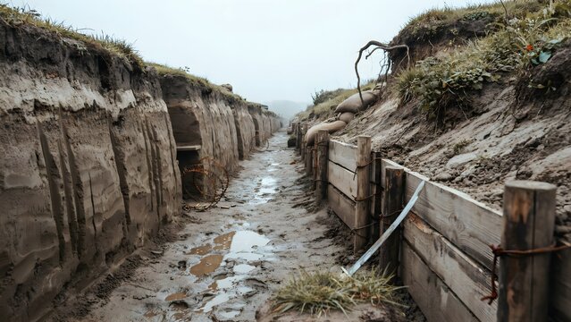 Eroded earth trench with wooden supports and muddy path in cloudy weather