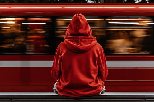 Person in red hoodie sitting on platform with moving train motion blur