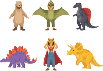 Vector set of cute cartoon children wearing prehistoric dinosaur costumes and colorful ancient jurassic creatures on white background © SARABAN 