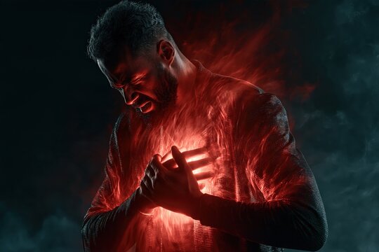 Man having heart attack chest pain with red glowing fire effect dark