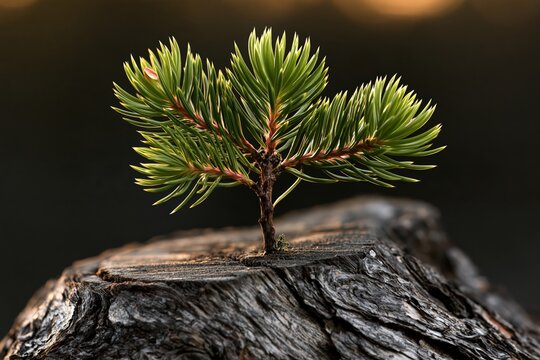 Small pine sapling growing on tree stump with warm sunlight and hope