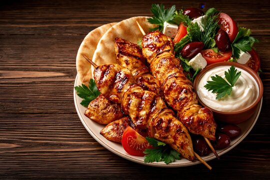 Grilled chicken souvlaki skewers with pita bread and Greek salad