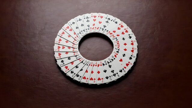 Circular Arrangement of Playing Cards with Hearts Spades Clubs and Diamonds on Wooden Surface