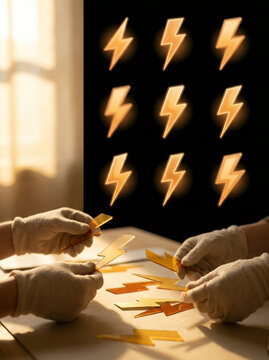 Gloved hands arranging gold paper lightning bolts on a wooden studio table