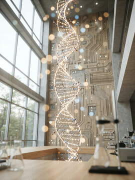 Glowing double helix light sculpture in a minimalist research laboratory