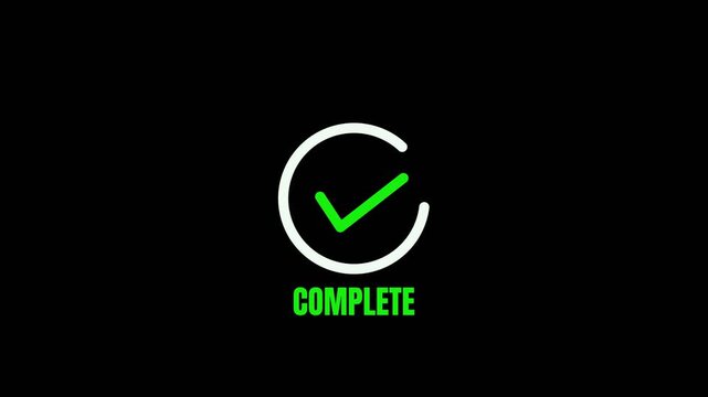 Green check mark icon inside white circle with complete text on black background for success concept