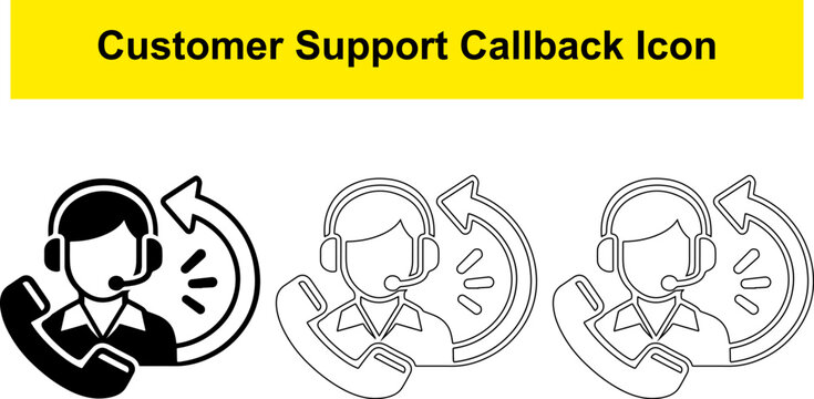 Customer support callback icon set featuring agent wearing headset with phone receiver and circular arrow sign.