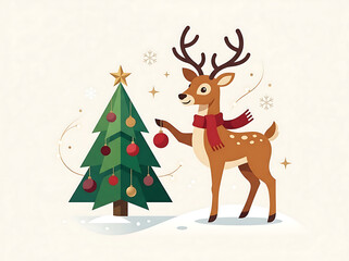 Naklejka premium Flat vector illustration of a cute Christmas reindeer with scarf decorating a small evergreen tree isolated on white background