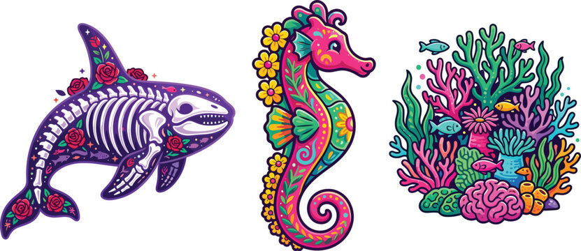Mexican Day of the Dead Dia de los Muertos colorful underwater marine life shark skeleton seahorse and coral reef vector sticker bundle isolated on white background