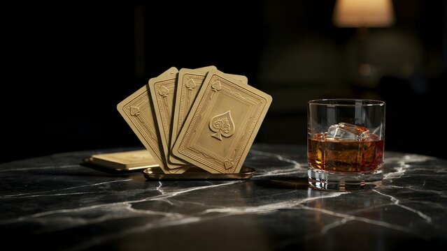 Playing Card Game with Deck of Cards and Whiskey Glass on Marble Surface