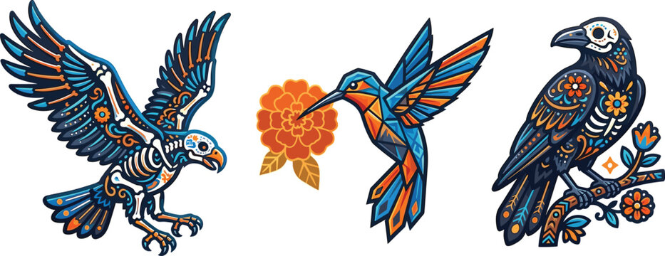 Mexican Day of the Dead Dia de los Muertos festival colorful bird skeleton eagle hummingbird and raven vector sticker elements isolated on white background