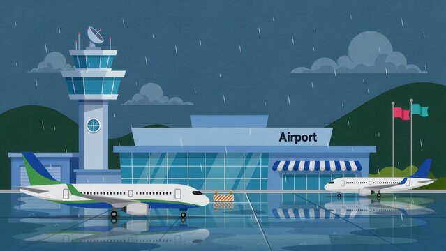 Rainy airport terminal building view at night