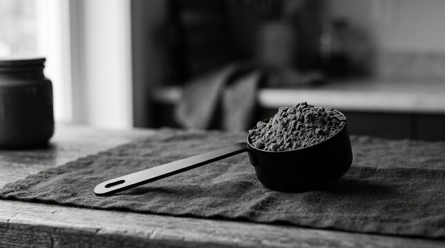 Greyscale measuring spoon of dark powder resting on textured linen cloth