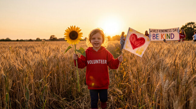 A child in a red volunteer hoodie runs through an autumn field holding a sunflower and heart flag, showing World Kindness Day energy and helpfulness for youth charity posters.