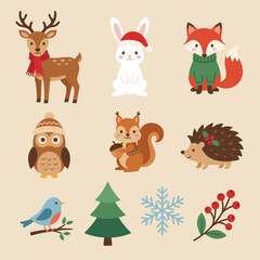 Obraz premium Cute Winter Animals and Elements Collection Featuring Deer Fox Owl Squirrel Hedgehog Bird Tree Snowflake and Holly