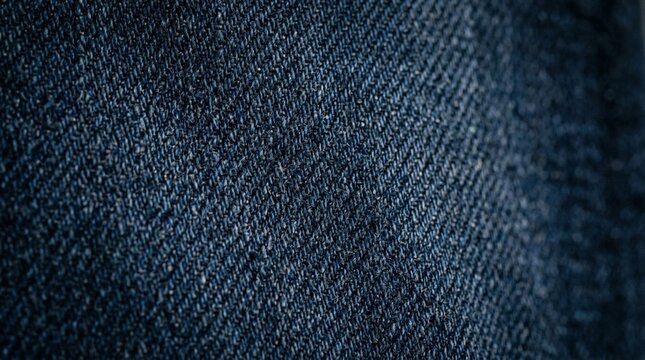 Close-up macro shot of dark blue denim fabric texture, diagonal weave pattern
