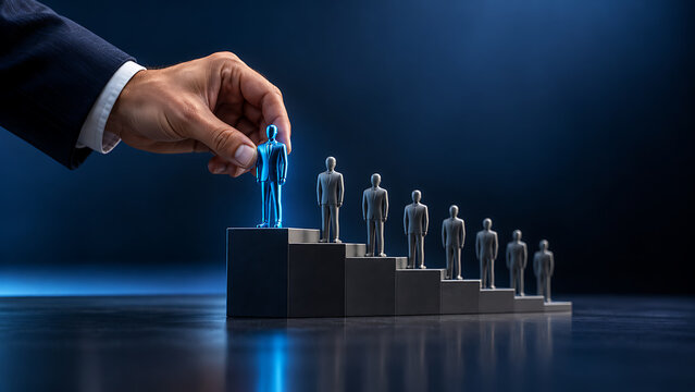 Hand selecting a glowing blue businessman figurine from a tiered staircase of gray figures symbolizing leadership and talent selection