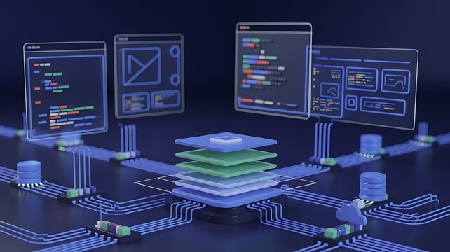 Web development and web design concept. internet programming architecture, coding interface, website creation, UI UX design, frontend, backend development, cloud, database connection, digital workflow