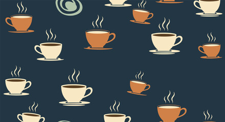 Fototapeta premium Coffee cups with steam rise from a dark blue background in a playful and cozy seamless pattern for cafe decor.
