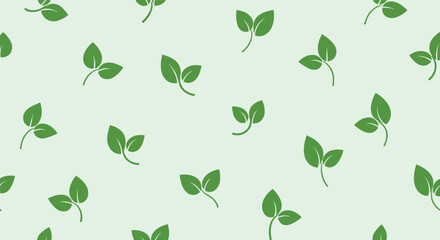 Obraz premium Small three-leaf green sprigs repeat in a simple and fresh seamless pattern on a very light mint green background.