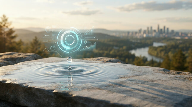 Water droplet on a rock ledge with a data ring above a river valley city