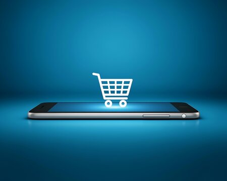 White shopping cart icon floating above a modern smartphone screen on a blue gradient background