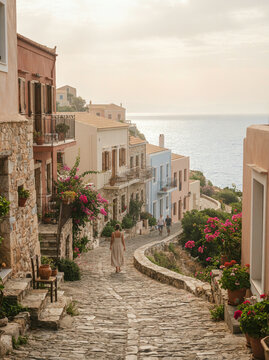 Woman walking uphill on a cobbled village street above the sea in soft daylight